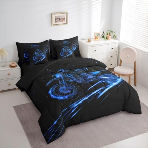 Feelyou Blue Neon Dirt Bike Comforter Set with Sheets 7 Piece Full Motocross Bedding Set for Boys Girls Speed Racing Bed in a Bag Line Art Design Room Decor Extreme Sports Pattern Soft Lightweight