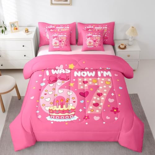 Erosebridal Pink 67 Bow Bedding Set 7 Piece King Size for Girls Kawaii Love Heart Princess Comforter Set for Kids Teen Women,Six Seven Bed in A Bag with Sheets Cute Girly Bed Sets