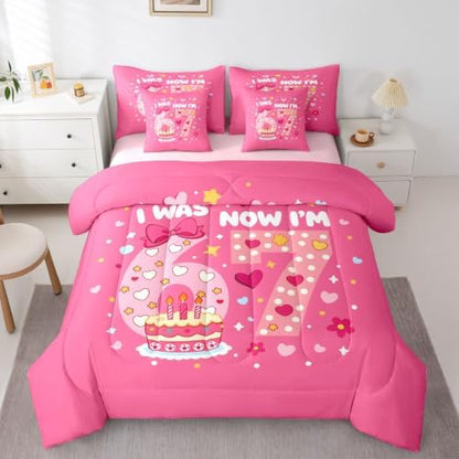 Erosebridal Pink 67 Bow Bedding Set 7 Piece King Size for Girls Kawaii Love Heart Princess Comforter Set for Kids Teen Women,Six Seven Bed in A Bag with Sheets Cute Girly Bed Sets