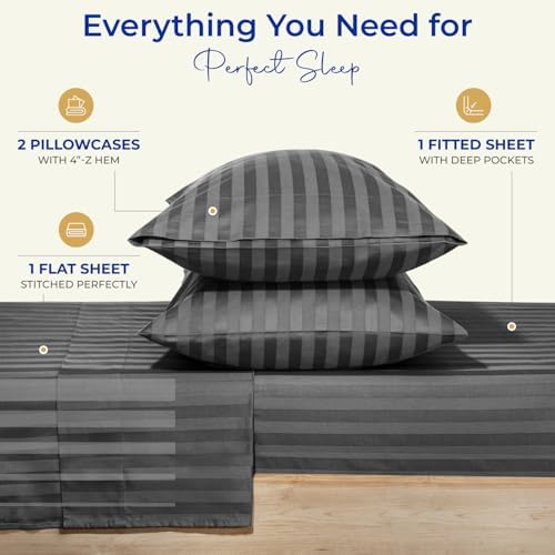 THREAD SPREAD Egyptian Cotton Sheets King Size - 1000 Series High Thread Count Cotton King Size Sheets Set (4 PC, Dark Grey - Stripe) 16" Snug Fit Deep Pocket, Sateen Ultra-Soft Hotel Luxury Sheet Set