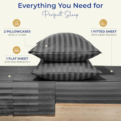 THREAD SPREAD Egyptian Cotton Sheets King Size - 1000 Series High Thread Count Cotton King Size Sheets Set (4 PC, Dark Grey - Stripe) 16" Snug Fit Deep Pocket, Sateen Ultra-Soft Hotel Luxury Sheet Set