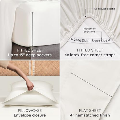 Bambaw 100% Viscose Derived from Bamboo Sheets Queen Size Set – 4pcs Cooling Sheets Queen Size, Perfect for Hot Sleepers, with Deep Pockets, Fits Up to 16'' with Elastic Corner Straps (Ivory)