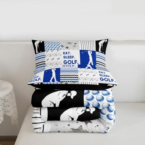 Erosebridal Boys Sports Comforter Set Full Golf Bedding Sets & Collections Golf Checkered Patchwork Bedding Set Ball Gamer Duvet Insert with 2 Pillowcase Decoratives 3pcs Athlete Player Bedroom Decor