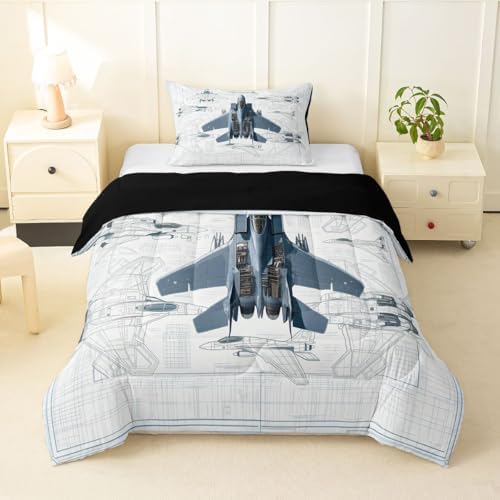 Erosebridal Fighter Aircraft Kids Comforter Sets Military Jet Toddler Bedding Set for Boys Girls Hand Drawn Grid Aircraft Comforter Set Modern Flying Airplane Quilt Duvet 2 Pcs