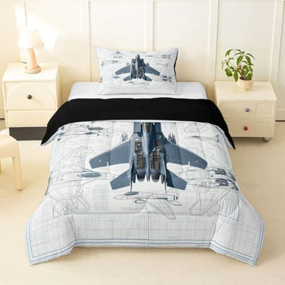 Erosebridal Fighter Aircraft Kids Comforter Sets Military Jet Toddler Bedding Set for Boys Girls Hand Drawn Grid Aircraft Comforter Set Modern Flying Airplane Quilt Duvet 2 Pcs