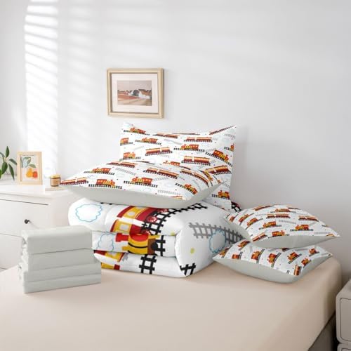 Feelyou Red Vintage Train Comforter Set Queen Size Retro Steam Locomotive Down 7 Pcs Bedding for Boys Girls Adults Bed in a Bag,Transportation Vehicles Bed Sheet Sets with Fitted Sheet Pillowcases