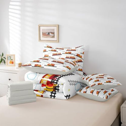 Feelyou Red Vintage Train Comforter Set Queen Size Retro Steam Locomotive Down 7 Pcs Bedding for Boys Girls Adults Bed in a Bag,Transportation Vehicles Bed Sheet Sets with Fitted Sheet Pillowcases