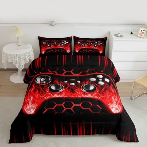 Erosebridal Ombre Art Honeycomb Gaming Consoles Comforter Set Red Neon Lights Game Console Queen Bedding Sets Geometric Hexagon Beehive Duvet Insert Gamer Decor for Boys Bedroom Decor