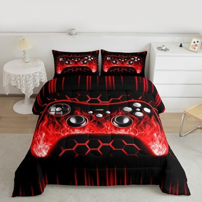 Erosebridal Ombre Art Honeycomb Gaming Consoles Comforter Set Red Neon Lights Game Console Queen Bedding Sets Geometric Hexagon Beehive Duvet Insert Gamer Decor for Boys Bedroom Decor