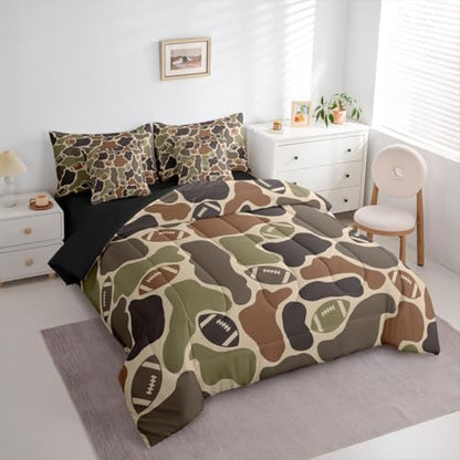Erosebridal American Football 7 Piece Bedding Set Full Camo Comforter Set with Sheets Sports Theme Camouflage Printed Bed in a Bag Football Brown Green Camo for Kids Boys Teens