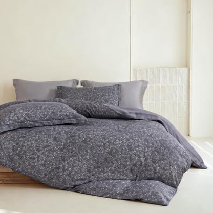 King Comforter Set 3 Pieces, 100% Cotton Charcoal Botanical Floral Bedding Set for All‑Season, Soft Reversible Comforter with 2 Pillow Shams