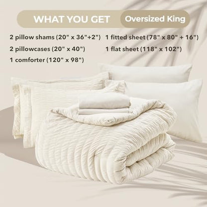HYMOKEGE Ivory Oversized King Comforter Set Seersucker 7 Pieces, All Season Luxury Bed in a Bag for Bedroom, Bedding Set with Comforter, Sheets, Pillowcases & Shams