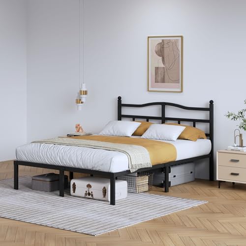 SHOANED 14 Inch Metal Bed Frame - Full Size Heavy Duty Bedframe with Headboard Black Basic Steel Slats Platform No Box Spring Needed/Easy Assembly/Noise Free