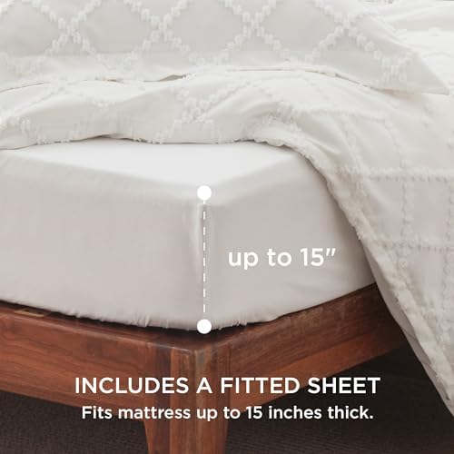 Bedsure Boho Duvet Cover King, Vintage Tufted Bedding, 4-Piece, White