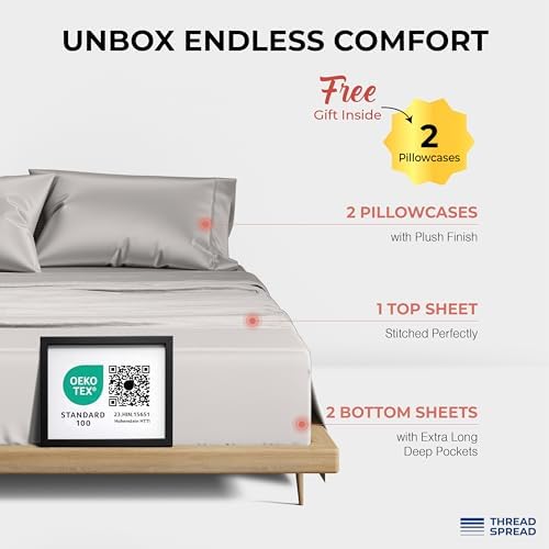 THREAD SPREAD 100% Egyptian Cotton Sheets Queen Size - 1200 Series Plush Collection Damask Sheet Set Egyptian Cotton (4 PC, Silver Grey Stripe), Sateen Luxury Sheet Queen Size, 17" Deep Pocket
