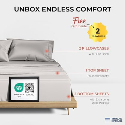 THREAD SPREAD 100% Egyptian Cotton Sheets Queen Size - 1200 Series Plush Collection Damask Sheet Set Egyptian Cotton (4 PC, Silver Grey Stripe), Sateen Luxury Sheet Queen Size, 17" Deep Pocket