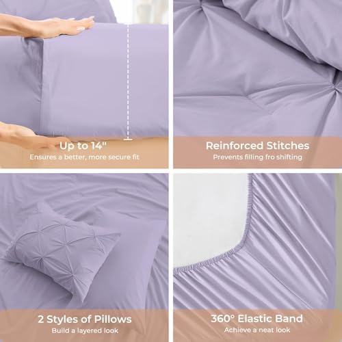 Sasttie California King Comforter Set, 7-Piece Bed in a Bag, Pintuck Bedding Sets for All Season, Includes Comforter, Flat Sheet, Fitted Sheet, Pillowcases and Pillowshams, Lavender