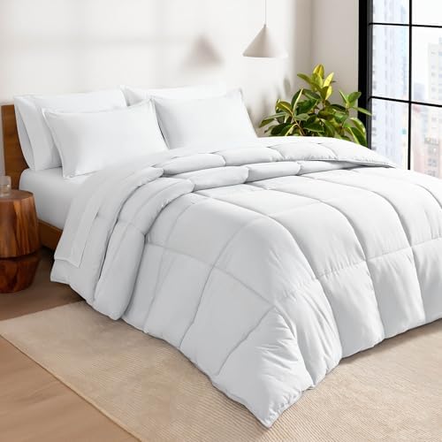 Bare Home Bed-in-A-Bag 8 Piece Comforter & Sheet Set - Split California King - Goose Down Alternative - Ultra-Soft 1800 Premium Bed Set (Split Cal King, White/White)