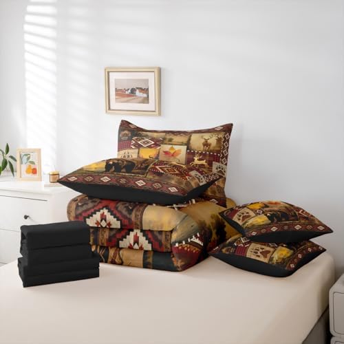 Erosebridal Vintage Rustic Bedding Set King Farmhouse Lodge Bear Deer Comforter Set 7 Piece Country Cabin Bed in A Bag for Adults Western Maple Leaf Retro Pine Trees Quilt with Flat Fitted Sheet