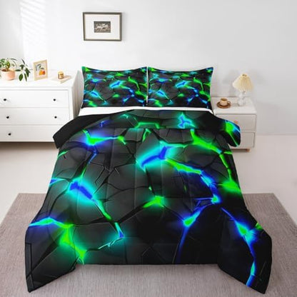 Feelyou Kids Honeycomb Bedding Set Twin Size, Blue Green Hexagonal Duvet Insert Geometrical Comforter Set Boys Girls Teens Bedroom Decor Microfiber Bed Set