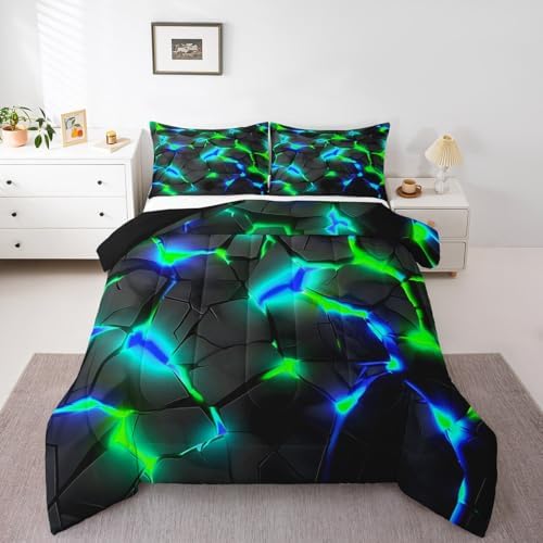 Feelyou Kids Honeycomb Bedding Set King Size, Blue Green Hexagonal Duvet Insert Geometrical Comforter Set Boys Girls Teens Bedroom Decor Microfiber Bed Set