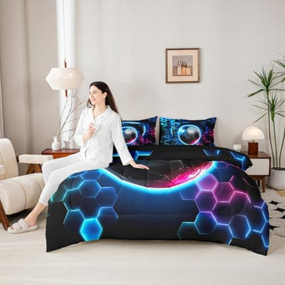Erosebridal Boys Soccer Comforter Sets with Sheets - Geometric Honeycomb Bedding Set King for Boys Girls Colorful Neon Lights 7Pcs Bed in A Bag, Hexagon Sports Gamer Bed Set