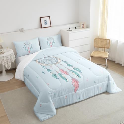 Homewish Teens Dreamcatcher Comforter Set Queen Size,Blue Pink Feather Bedding Set for Kids Boys Girls Bedroom Decoration,Bohemian Style Bed Duvet Insert,Tribe Exotic Comforter with 2 Pillowcases