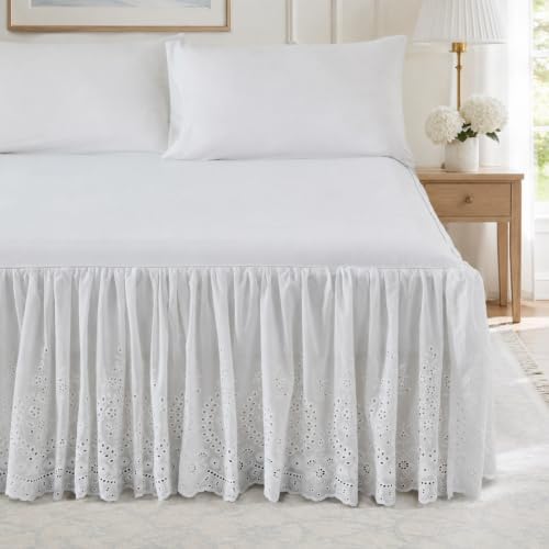 Brandream White Eyelet Bed Skirt Queen Size Cotton 18'' Drop Split Corners