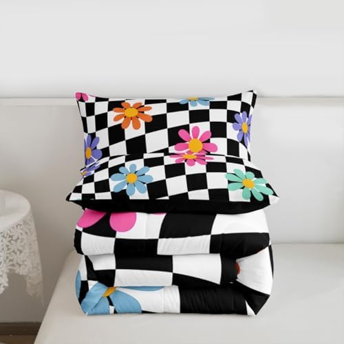 jejeloiu Cute Floral Comforter Set Checkerboard Bedding Set Full Size 3 Pcs