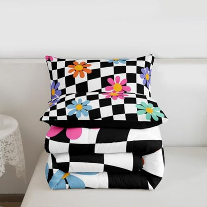 jejeloiu Cute Floral Comforter Set Checkerboard Bedding Set Twin Size 2 Pcs