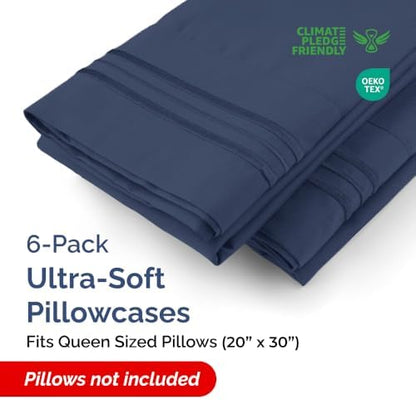 King Pillow Cases Set of 6 - Ultra Soft Cozy Pillowcase Covers - Navy Blue