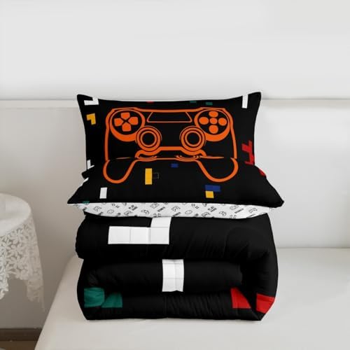 Feelyou Kids Gamer Bedding Set Toddler Size, Geometric Gaming Comforter Game Comforter Set Boys Girls Gamepad Teens Duvet Set Bedroom Decor with 1 Pillow Case
