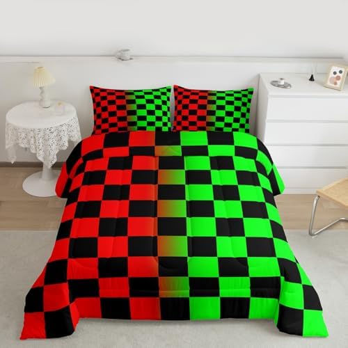 Feelyou Checkered Retro Comforter Set All Season Geometric Vintage Bedding Set with 1 Pillow Cases Red Green Kids Toddler Bedclothes Modern Groovy Aesthetic Bedroom Decor Duvet Quilt