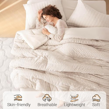 MUXHOMO 7 Pieces Oversized Queen Comforter Set, Seersucker Bed in a Bag Oversized Queen Size, All Season Luxury Bedding Set with Comforter, Flat Sheet, Fitted Sheet, Pillowcases & Shams, Beige