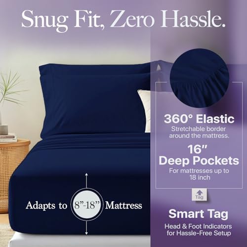 Carressa Linen 600 Series California King Sheet, 16" Deep Pocket, Navy Blue
