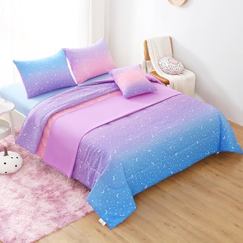 JQinHome Full Girls Comforter Set,6 Piece Bed in A Bag 3D Purple Orange Glitter Bedding Set -All Season Microfiber Rainbow Bedding Sets for Girls Women