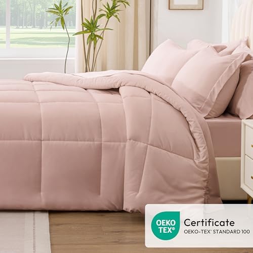 Love's cabin Twin Comforter Set Blush Pink, 5 Pieces Twin Bed in a Bag, All Season Bedding Sets with 1 Comforter, 1 Flat Sheet, 1 Fitted Sheet, 1 Pillowcase and 1 Pillow Sham