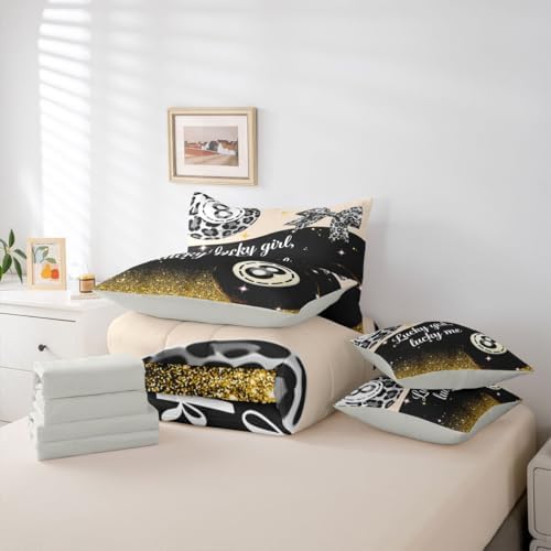 Erosebridal Y2K Lucky 8 Ball 7 Piece Bedding Set Trendy Cheetah Print Bow Comforter Set Queen Size for Kids Teen Adults,Grey Leopard Glitter Print Bed in A Bag Preppy Fashion Aesthetic Bed Set