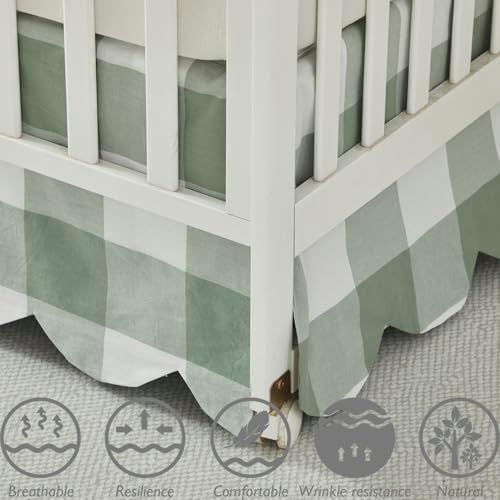 Brandream Scallop Edge Cotton Crib Skirt Toddler Bedskirt Baby Nursery Crib Bed Skirt Boho Bohemian Neutral Solid Color Sage Green Buffalo Plaid Gingham Farmhouse Chic Bedding Skirt