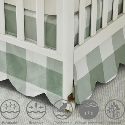 Brandream Scallop Edge Cotton Crib Skirt Toddler Bedskirt Baby Nursery Crib Bed Skirt Boho Bohemian Neutral Solid Color Sage Green Buffalo Plaid Gingham Farmhouse Chic Bedding Skirt