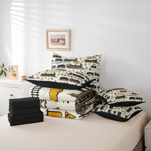 Erosebridal 7 Pcs Cartoon Steam Train Kids Bedding Set Queen Size Funny Train Comforter Set with Sheets for Boys Teens Men Retro Transport Vehicle Bed in A Bag Steampunk Railway Aesthetic Bed Sets