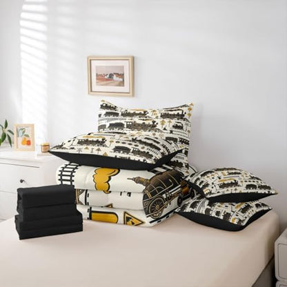 Erosebridal 7 Pcs Cartoon Steam Train Kids Bedding Set Queen Size Funny Train Comforter Set with Sheets for Boys Teens Men Retro Transport Vehicle Bed in A Bag Steampunk Railway Aesthetic Bed Sets