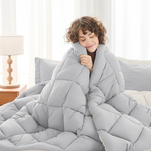 MUXHOMO 7 Pieces Oversized King Comforter Set, Reversible Bed in a Bag Oversized King Size, All Season Bedding Set with Comforter, Flat Sheet, Fitted Sheet, Pillowcases & Shams, Light Grey & Beige