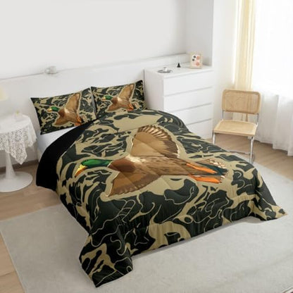 Feelyou Mallard Duck Bedding Set Soft for Boys Girls, Duck Hunting Comforter Set Toddler Size Camouflage Duvet Quilt Microfiber Wild Animal Bedroom Decor 2 Pcs with 1 Pillow Cases