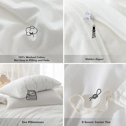 FOSSA Duvet Cover Set 100% Washed Cotton Linen Feel Queen