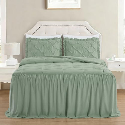 Chezmoi Collection Aria 3-Piece Pintuck Ruffle Skirt Bedspread Set - Lightweight Pinch Pleat Crinkled Texture Microfiber Bedding - French Country Chic Farmhouse - Queen, Sage Green