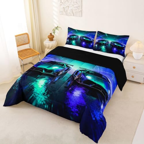 Feelyou Blue Racing Car Bedding Set Soft for Boys Girls, Boys Sports Car Comforter Set Queen Size Racing Extreme Sports Duvet Quilt Microfiber Speed Sports Bedroom Decor 3 Pcs with 2 Pillow Cases