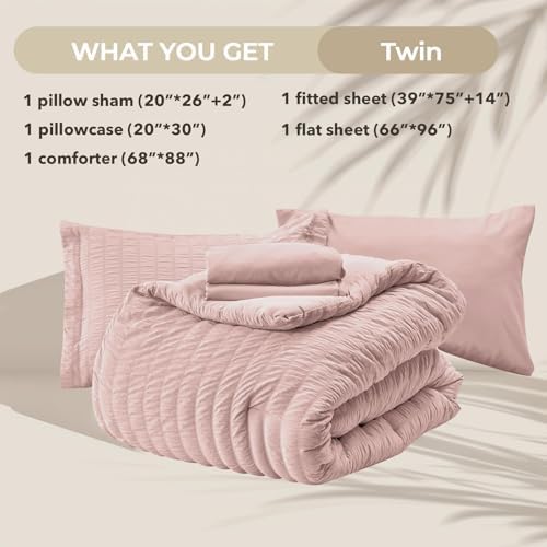 HYMOKEGE Rose Gold Twin Comforter Set Seersucker 5 Pieces, All Season Luxury Bed in a Bag Queen for Bedroom, Bedding Set with Comforter, Sheets, Pillowcase & Sham