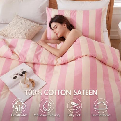 Bedbay Pink Striped Duvet Cover Set Queen Size, 100% Cotton 300TC Sateen, Pink Cream Cabana Stripe Bedding, Soft Smooth Breathable Feminine Set, 3 Pieces