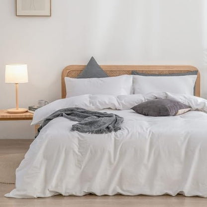 BESTOUCH Cotton Solid Duvet Cover Set Linen Feel Bright White Alaska King
